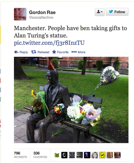 Alan Turing's Statue surrounded by flowers