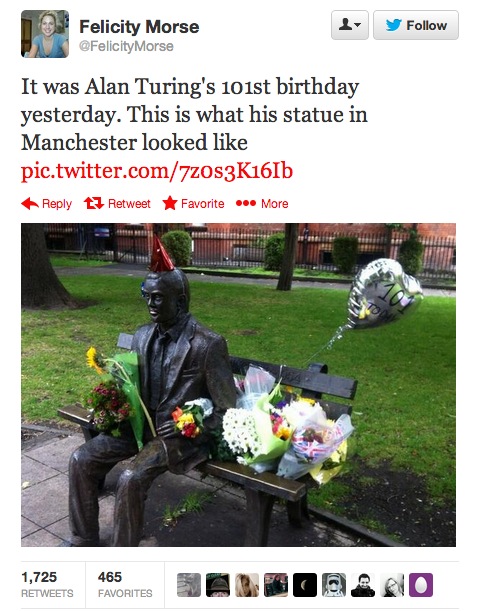 Alan Turing's Statue surrounded by flowers