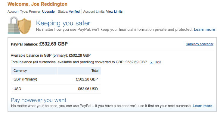 PayPal balance of £532.69