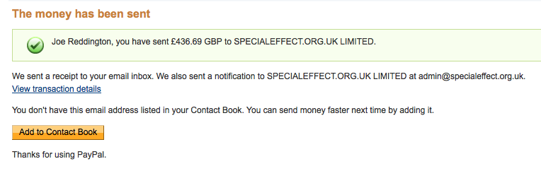 Donation of £436.69 to Special Effect